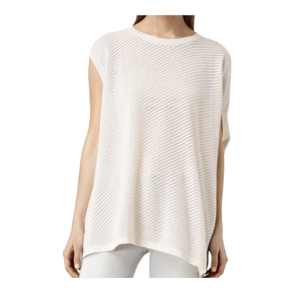 AllSaints Womens Cream Cotton Grid Mesh Knit Tee M Ribbed Oversized Batwing Top